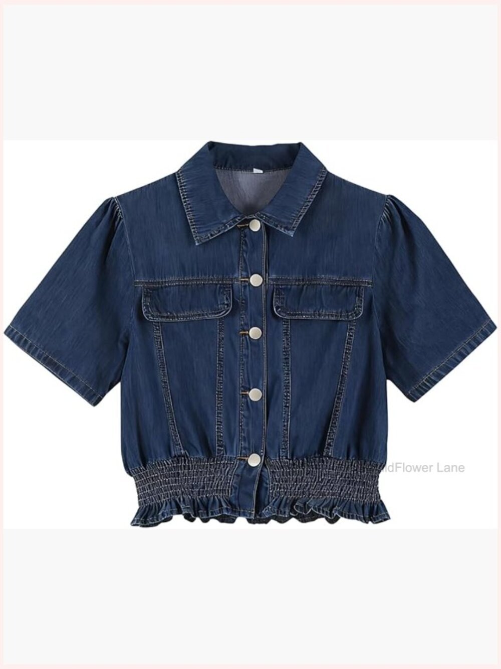 Short Sleeve Peplum Denim Crop Top Button Down Shirt Puff Sleeve Cowgirl Blouse